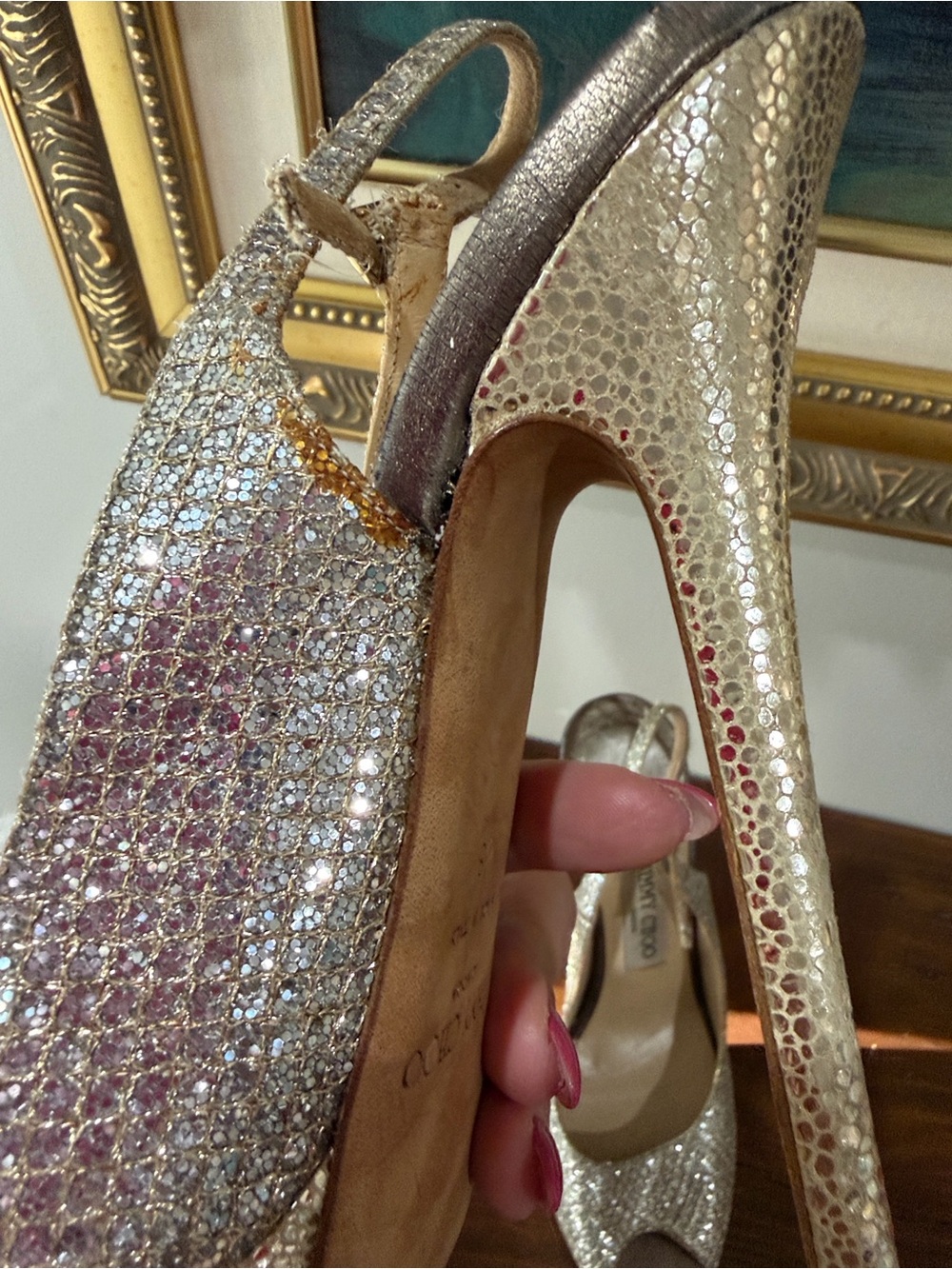 Jimmy Choo Clue Champagne Glitter Platform Heels Slingback EU 38 US 8 Authentic - Picture 5 of 12